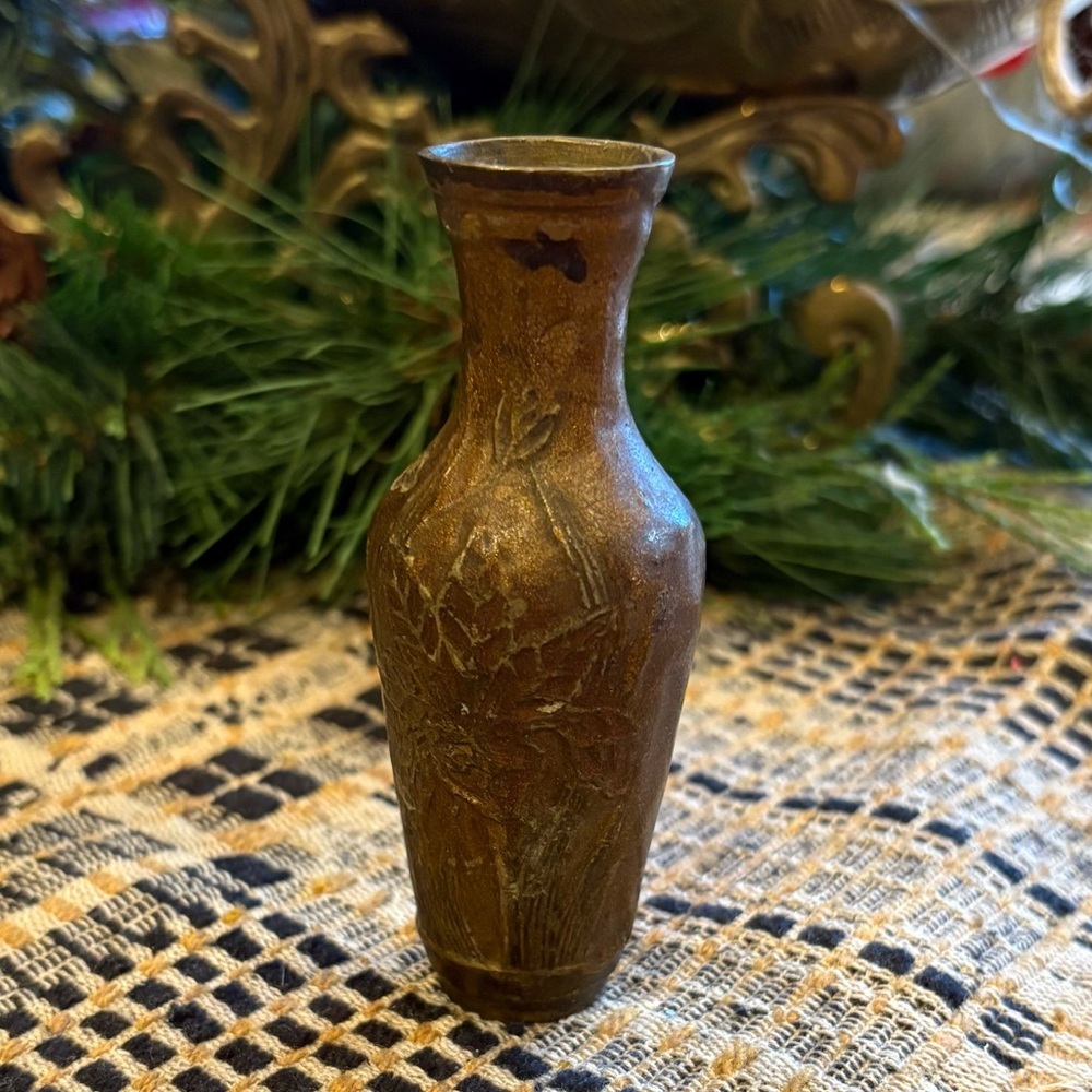 Brass Bud vase with etched flowers vintage